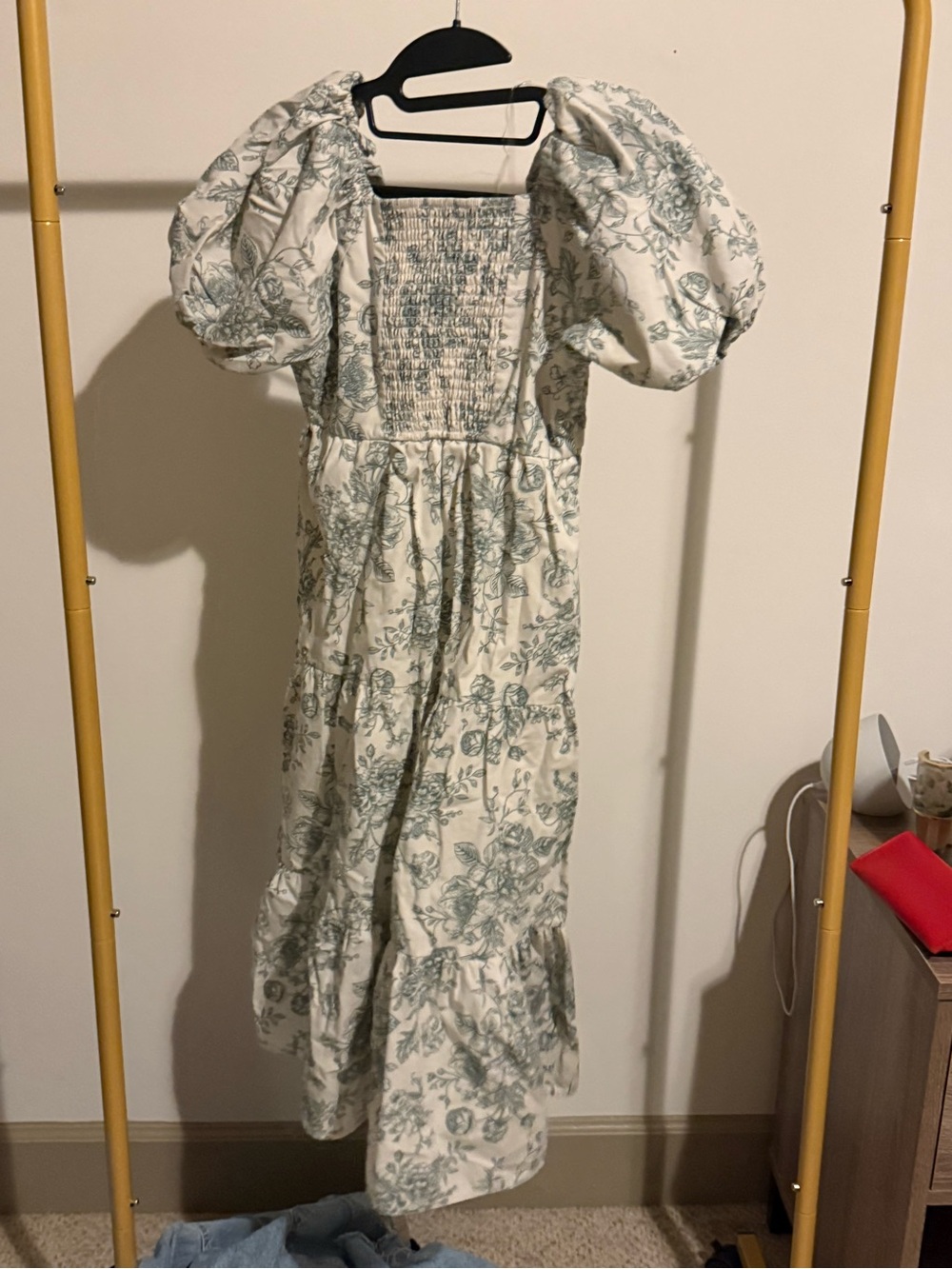 Cream Midi Dress with Sage Floral Print and Puff Sleeves